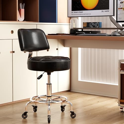 Image of Lockable Rolling Stool with Back Support and Foot Ring, Ergonomic Hydraulic Adjustable Stool, Thick Cushioned Seat with Wheels for Home Office, Small Workspace, Drafting Desk