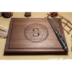 Personalized Hardwood Cutting Board - Custom Wedding, Anniversary, Housewarming Gift - Engraved Charcuterie Board for Couples & Newlyweds - USA Made, Initial Stamp Design 097 Personalized Hardwood Cutting Board Custom Wedding Anniversary Housewarming Gift Engraved Charcuterie Board for Couples Newlyweds USA Made Initial Stamp Design 097