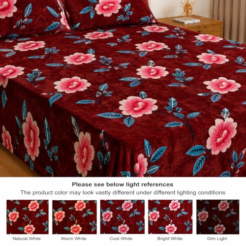 Image of Warm Flannel (Flano) King Size 345 TC Winter Fitted Bedsheet | All Side Elastic Premium Winter Soft Velvet Furnishing Bed Sheet with 2 Big Pillow Cover Size - 72 x 78 X 8 Inches Maroon