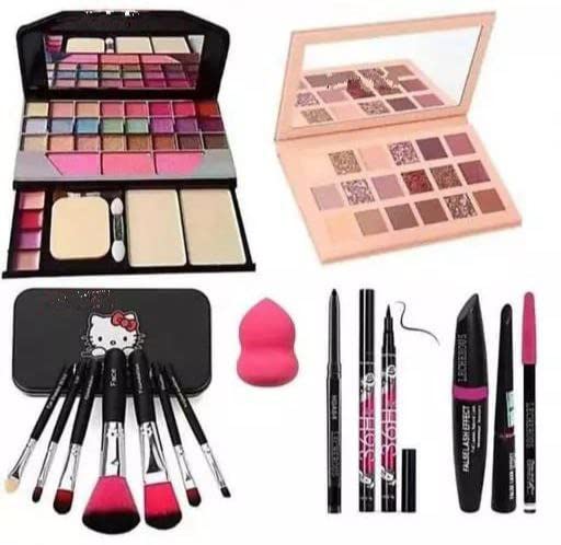 JustTya 6155 Multicolor Makeup Kit with 7 Black Makeup Brushes, Nude Eyeshadow Palette (18 Multiocolor Shades), 3in1 Eyeliner Combo, 36H, Kajal and 1 Pink Beauty Blender - (Pack of 15)