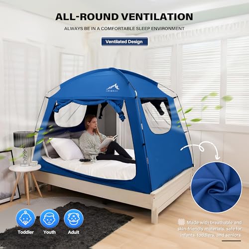 Bed Tent for Indoor Portable Light Reducing Queen Size Canopy Tents Breathable Lightweight Private Space for Bed(Blue)