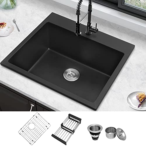 Lonsince Drop-In Topmount Bar Sink,Laundry Utility Sink 25 X 22 Inch,Black Bar Sink,Granite Composite Black Kitchen Sink #TOP5