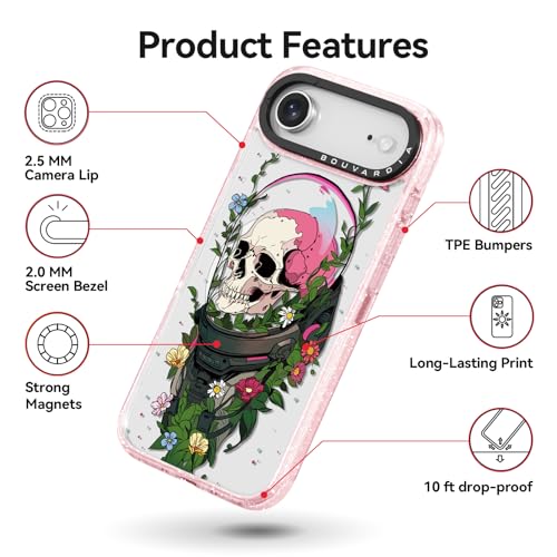 Bouvardia for iPhone 17 Air Case, Compatible with Magsafe, Cute Girly Design for Women, Shockproof & Aesthetic, Halloween Theme - Skull & Flowers by Bouvardia - Image 7