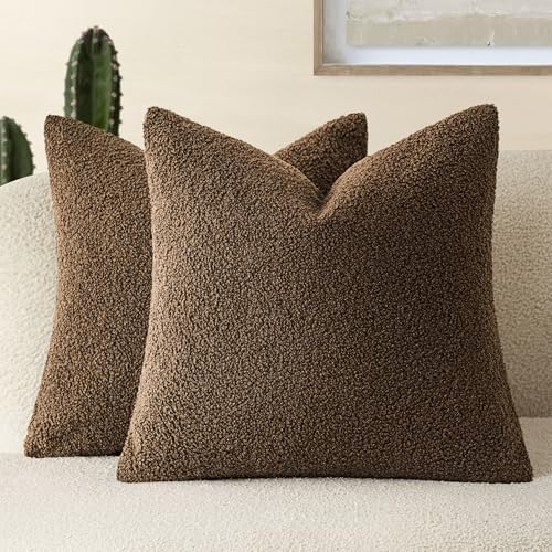 Image of Foindtower Pack of 2, Curly Faux Fur Decorative Throw Pillow Covers Soft Fuzzy Plush Cushion Case with Zipper Cozy Pillowcase for Home Living Room Couch Bed Sofa 20 x 20 Inch,Dark Brown