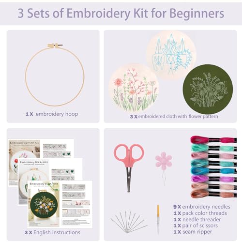 Image of Offizon 3 PCS Embroidery Kit for Beginners Stamped FlowerD Pattern | Cross Stitch DIY Craft Set, Hoop Included, Flower Embroidery Accessories, Stitching Sewing Kit Gift for Adults