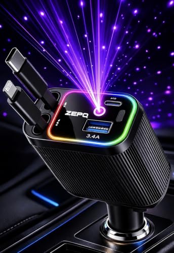 120W Retractable Fast Car Charger with DRL and Starlight (2026 Latest Version) | 4-in-1 Dual Retractable Cables with USB & Type-C Ports | Adjustable 180° Direction