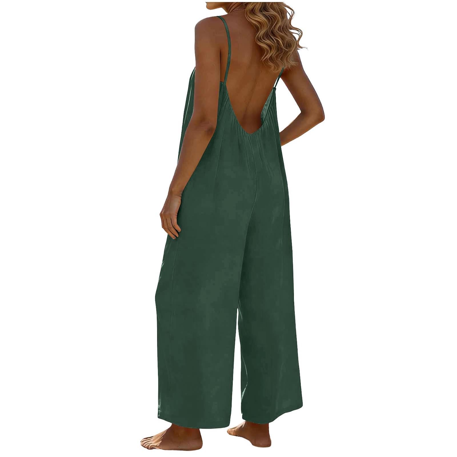 RLEHJN Jumpsuit Damen Sommer,Ärmellos Overall Lang Casual Hosenanzug Sexy V-Ausschnitt Spaghettiträger Romper Loose Fit Playsuit Elegant Einteiler Weites Bein Latzhose Freizeithose mit Taschen