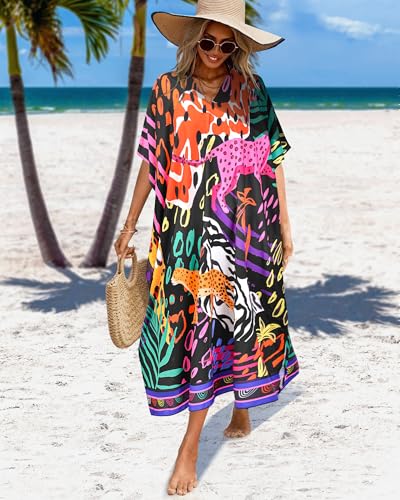 Nidoul Kaftan Dresses for Women Plus Size Bathing Suit Cover Up Long Swimsuit Coverup Swim Summer Beach Caftans Loungewear, Black Tropical — view 4