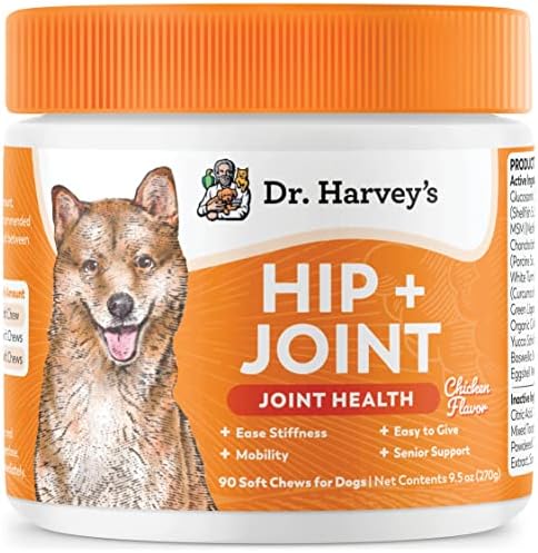 Dr. Harvey’s Hip & Joint Soft Chews for Dogs, Daily Mobility Supplement Chewable Treats for Dogs with Glucosamine, Chondroitin & MSM, Green Lipped Mussel, Chicken Flavor (90 Chews)