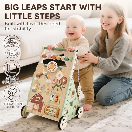 Lehoo Castle Wooden Baby Walker, Push Along Walker Baby Toys for 1 2 Year Olds, 10 in 1 Multiple Learning Walking Activity Center Gifts for Boys Girls Age 12 Months+