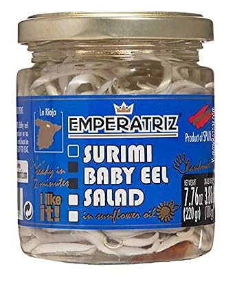 Emperatriz | Surimi Baby Eel Shaped in Vegetable Oil | weight 7.76oz/220grs | drained 3.88oz/110grs | Pack of 1