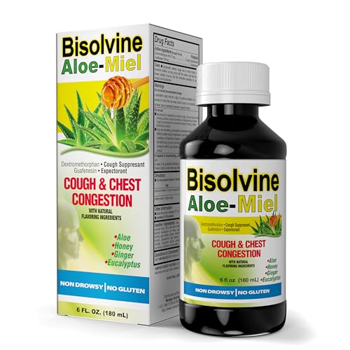 Bisolvine Aloe-Miel Cough Syrup - Effective Cough Suppressant & Expectorant with Guaifenesin & Dextromethorphan for Throat Relief & Mucus Control - Cold & Cough Relief Solution, 6 fl oz, 1-Pack
