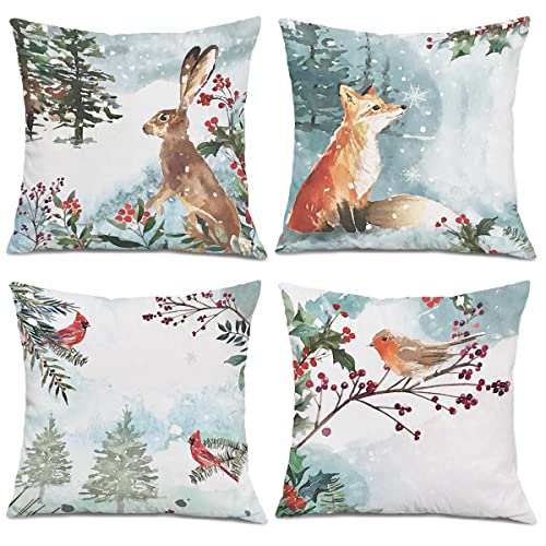 okaxscm Watercolor Snowy Winter Woodland Animals Decorative Throw Pillow Covers