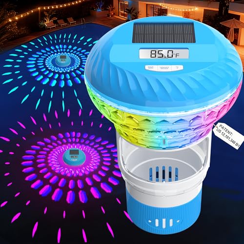 AquClor 2026 Upgraded Pool Chlorine Floater with Thermometer Digital Screen Solar Chlorines Floaters w/Light Chlorine Floater w/Adjustable Release Floating chlorines Dispenser for Pool Hot Tub Blue