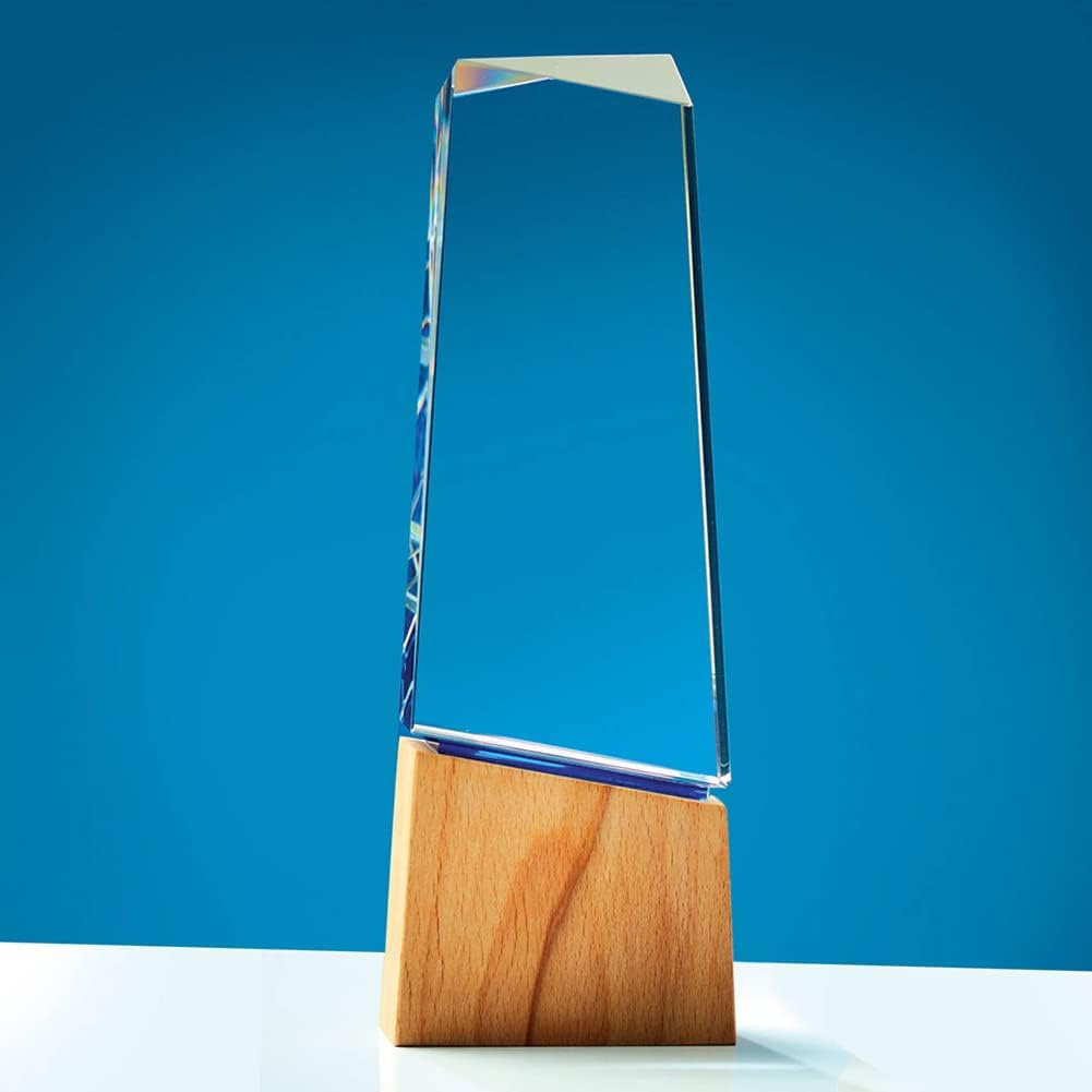 Baudville Custom Engraved Trophy - Wooden Base and Blue Accented Crystal - Modern Design
