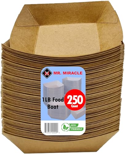 Paper Food Trays, Kraft Paper. Small (1LB). 250 Pack, Disposable, Recyclable Serving Boats.for Condiments, Snacks & Concession Food, Grease Ressistant