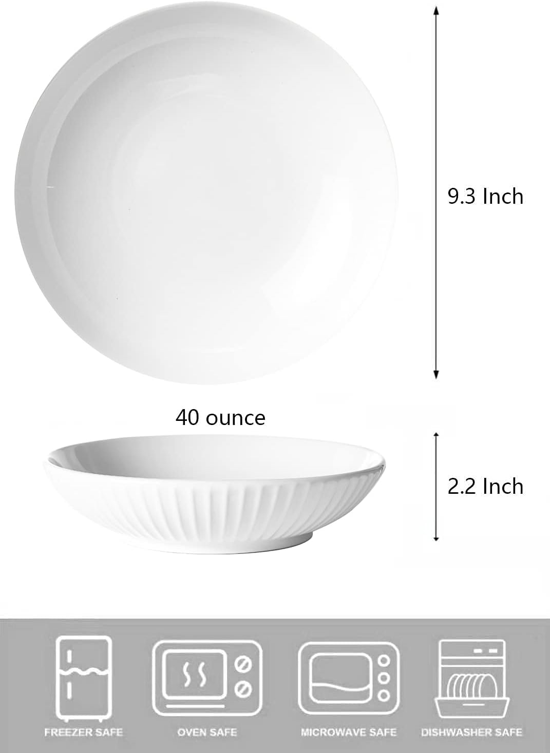 bestone Pasta Bowls 40oz, Porcelain Embossed Strip Serving Bowls, Large Salad Soup Bowls, Microwave & Dishwasher Safe, Set of 4, White