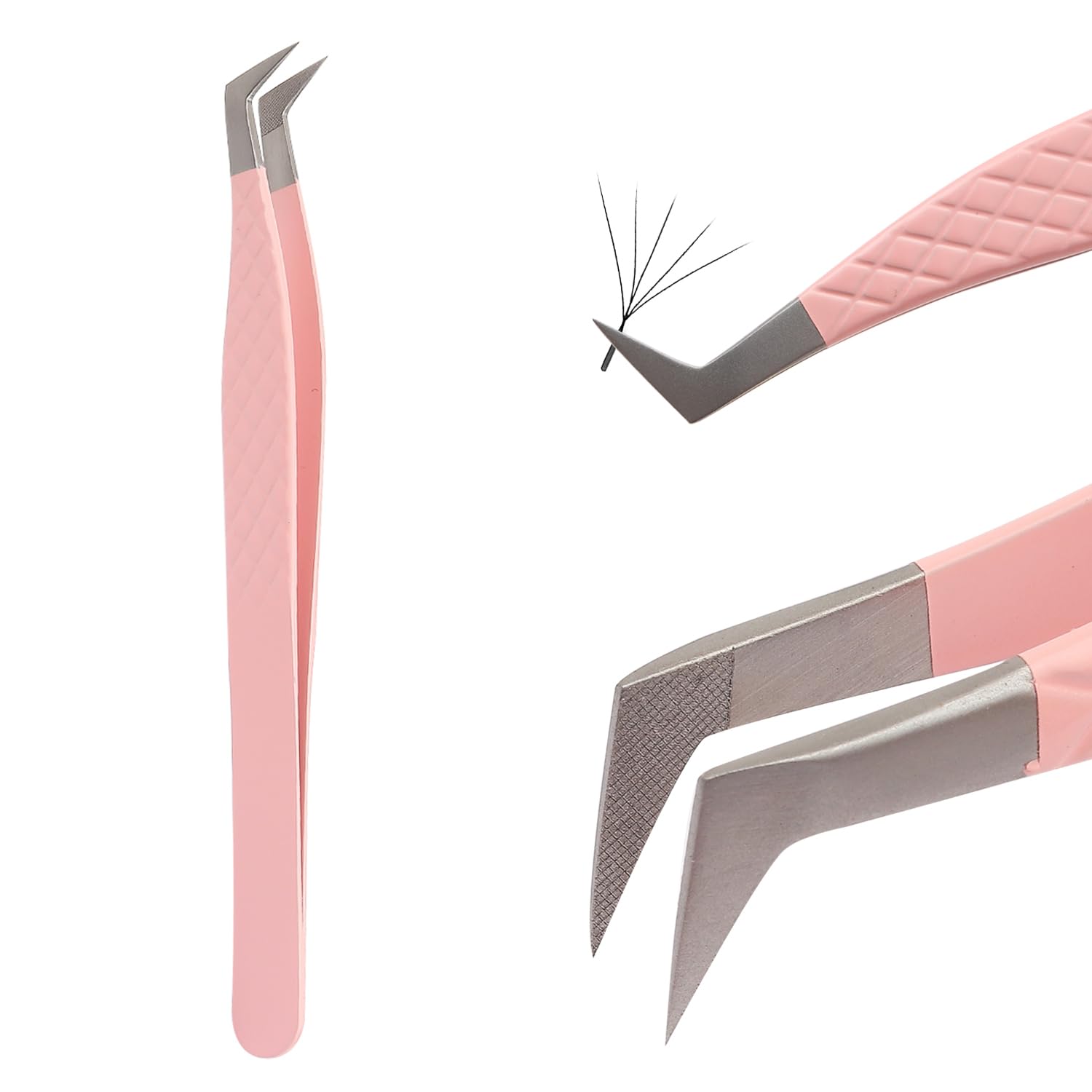 Pinzas de extensión de pestañas rosa X06 con punta de fibra rectas y curvas