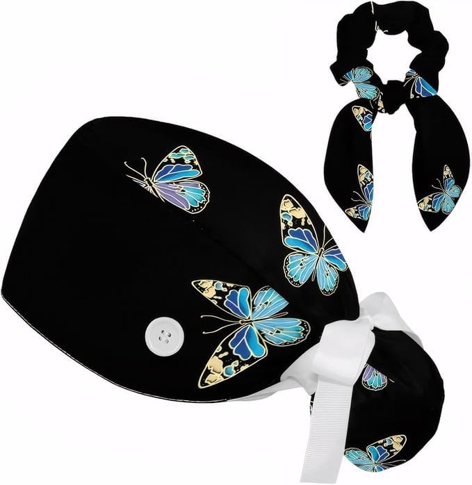 Butterfly Working Cap With Bow Hair Matching Scrunchy Tie Back Hat With Sweatband