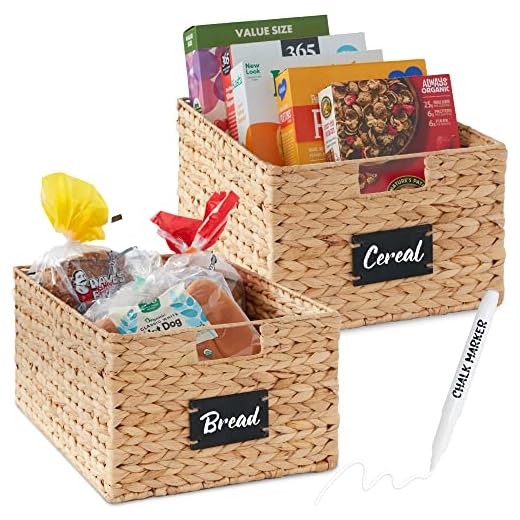 Best Choice Products Pantry Baskets Set of 2 16x12in Water Hyacinth Storage Baskets, Woven Wicker Kitchen Organizers with handles w/Chalkboard Label Chalk Marker - Natural