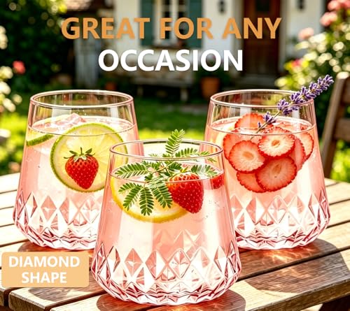 Image of Lueumxc 40 Pack Pink Plastic Wine Glasses, 14Oz Rhombus Disposable Wine Glasses Unbreakable Clear Plastic Cocktail Glasses Recyclable Shatterproof Reusable Wine Cups