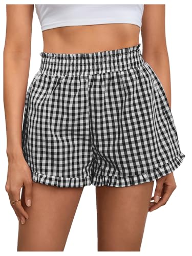Image of MakeMeChic Women's Gingham Ruffle Lounge Shorts Elastic High Waist Pajamas Boxer Shorts