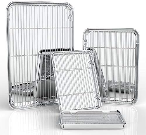 Baking Sheets with Baking Rack Set of 8 - Estmoon Pure Stainless Steel Baking Pan Tray Cookie Sheet with Cooling Rack, Non Toxic & Healthy, Mirror Finish & Rust Free, Easy Clean (4 Sheets + 4 Rack)