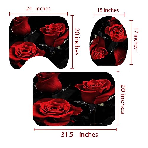 4PCS Red Rose Shower Curtain Sets with Non-Slip Rugs,Toilet Lid Cover and Bath Mat Waterproof Polyester Fabric Shower Curtains for Bathroom with 12 Hooks Three Red Rose Bathroom Decor Sets 71"x71"