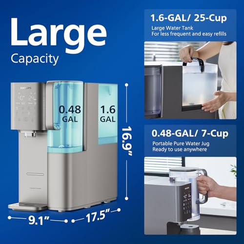 Reverse Osmosis Water Filter Dispenser, Philips 40°F Cold Water Countertop RO System 6 Stage Filtration with UV Light, Instant Boiling Water 6 Temperature Settings, NSF/ANSI 372 Certified, TDS Monitor