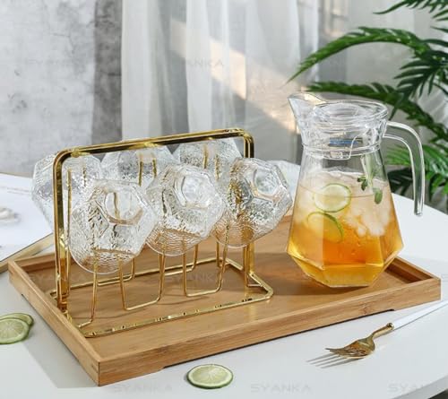 Image of Diamond Water and Juice Glasses Set of 6 350ML and 1.4 Liter Water Jug 1 Piece,Transparent Glass and Jug Set for Dining Table,Party,Gift Set,All pourpse use (7 Piece) (MT-11)