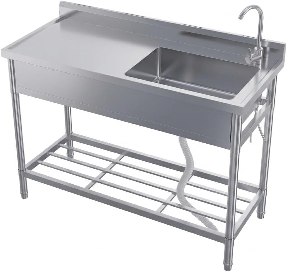 Stainless Steel Utility Sink with Countertop 47x20 in, Freestanding Single Bowl Laundry Room Sink with Faucet, Hot & Cold Water Pipes, Shelf, Outdoor Washing Station for Kitchen Garage Shop