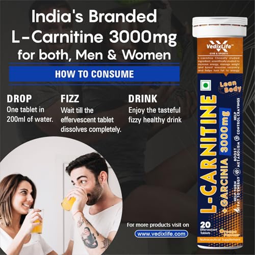 Image of L Carnitine 3000mg Effervescent Tablets | L Carnitine Supplement with Garcinia Cambogia | Fat Burner for Weight Loss, Energy & Lean Body | Orange Flavour, 20 Tabs (Pack of 3)