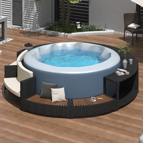 Merax Patio Rattan Sofa Set Spa Surround Spa Frame with Storage Spaces, Outdoor All Weather Round Conversation Sofa Set with Waterproof Cushion, Free Combination, Beige