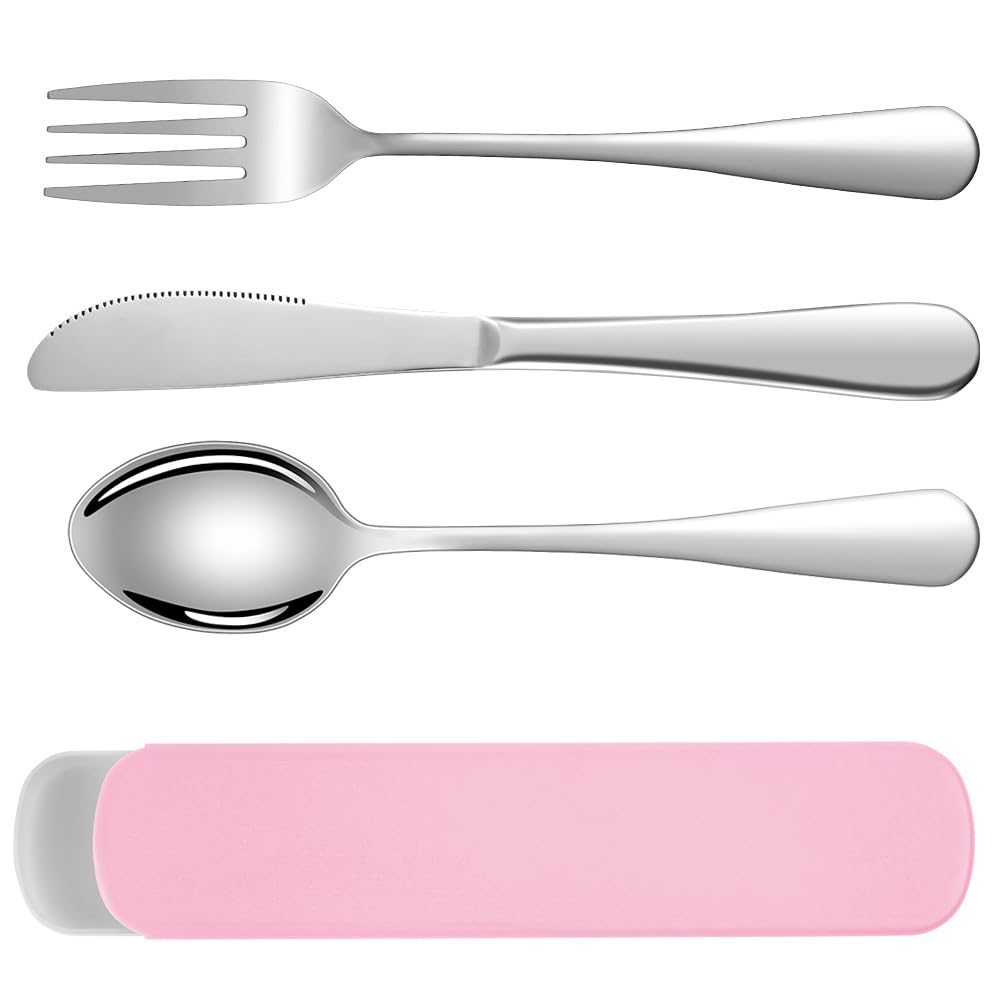 HOTUT Set di Posate Acciaio Inox, 3 Pezzi Posate Da Campeggio Kit con Borsa Portaoggetti, Posate Da Viaggio in Argento con Cucchiaio Forchetta Coltello, Finitura Lucida Lavabili in Lavastoviglie