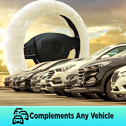 Andalus Brands Australian Sheepskin Wool Steering Wheel Cover For Women & Men - Universal 15 Inch Steering Wheels & Accessories - Eco-Friendly Wheel Cover For Car - Car Accessories (Pearl) #TOP5