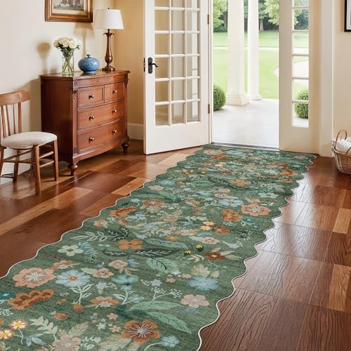 Washable 3x10 Hallway Runner Rug: Floral Scalloped Soft Runners for Entryway Kitchen Nursery Non Slip Bathroom Floor Mat Water Resistant Light Weight Carpet for Living Room Bedroom (3x10 Floral/Green)