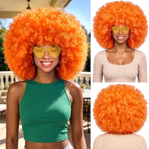 MEEZY Orange Curly Afro Wig Heart Sunglasses for Women Men Large Fluffy Funny Disco Afro Wigs Neon Colored Short Synthetic Hair with Hair Net 70s Outfits for Women Bachelorette Party Night Club