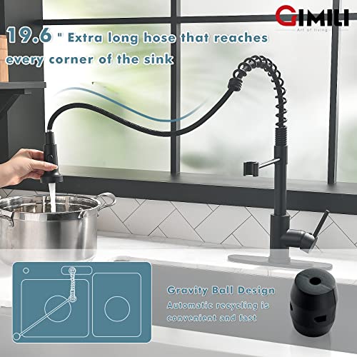 Image of GIMILI Matte Black Kitchen Faucet with Soap Dispenser, Commercial Single Handle Spring Pull Out Kitchen Sink Faucets with Pull Down Sprayer