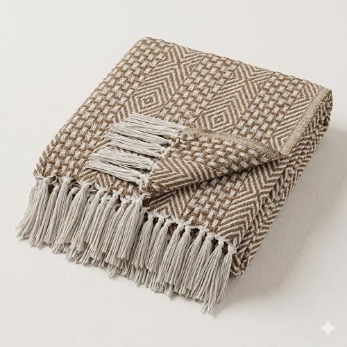 Image of HAKAM Cotton Throw Blanket with Macrame Tassels for 3 Seater Sofa | Ideal for Your Home, Living Room, Sofa, Bed, Chair, Picnic & Used for Gift - 50X70 inch (Beige & White, Small Single)