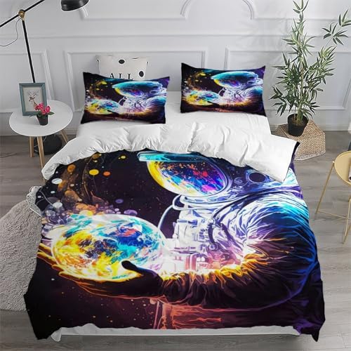 Housse de couette double 200x200cm astronaute terre en microfibre