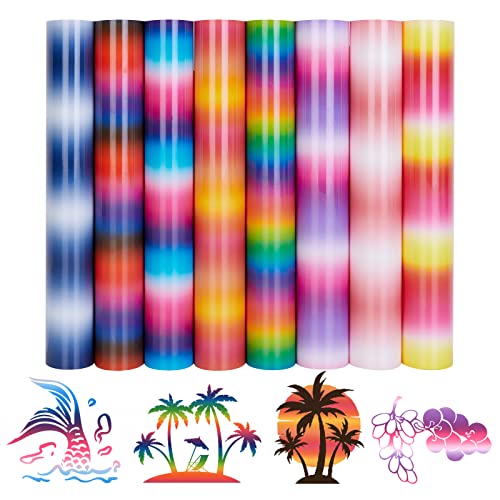 Tintnut Gradient Heat Transfer Vinyl - 8 Pack 12 x 10 Ombre HTV Rainbow Iron on Vinyl Colorful Printable HTV for T-Shirts Logo Hat Fabric Easy to Weed