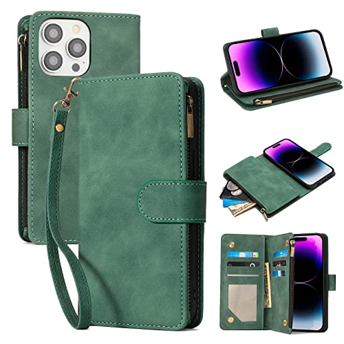 LANYOS for iPhone 14 Pro (6.1 inch) Wallet Case with Card Holder for Women Men，PU Leather Kickstand Zipper Flip Folio RFID Blocking Card Slots Phone Cover with Wrist Strap (Dark Green)