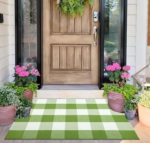 Layered Doormat 24x35 Green and White Buffalo Plaid Porch Mat Cotton Woven Washable Carpet for Layered Doormat Hello/Welcome Door Mat Kitchen Farmhouse Entryway