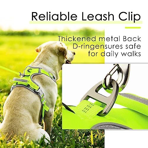 ThinkPet Anti Zug Hundegeschirr, Hundegeschirr mit Griff Leicht zu Kontrollierendem Hundegeschirr Verstellbar ohne Würgen Hundegeschirr Reflektierend Atmungsaktiv Gepolstert (XL, Leuchtendes Grün)