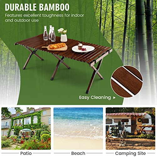 Costway Folding Picnic Table, Portable 4Ft Roll Up Camping Table With Storage Bag, For 4-6 People, Low Height Foldable Bamboo Bench Table, For Indoor & Outdoor Party, Bbq And Hiking (Brown) #TOP7