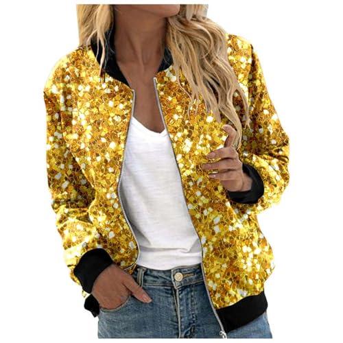 KBOPLEMQ Chaqueta brillante para mujer, chaqueta bomber con lentejuelas, corte ajustado, manga larga, chaqueta de lentejuelas, elegante, corta, traje festivo, fiesta, carnaval, disfraz, O amarillo., S