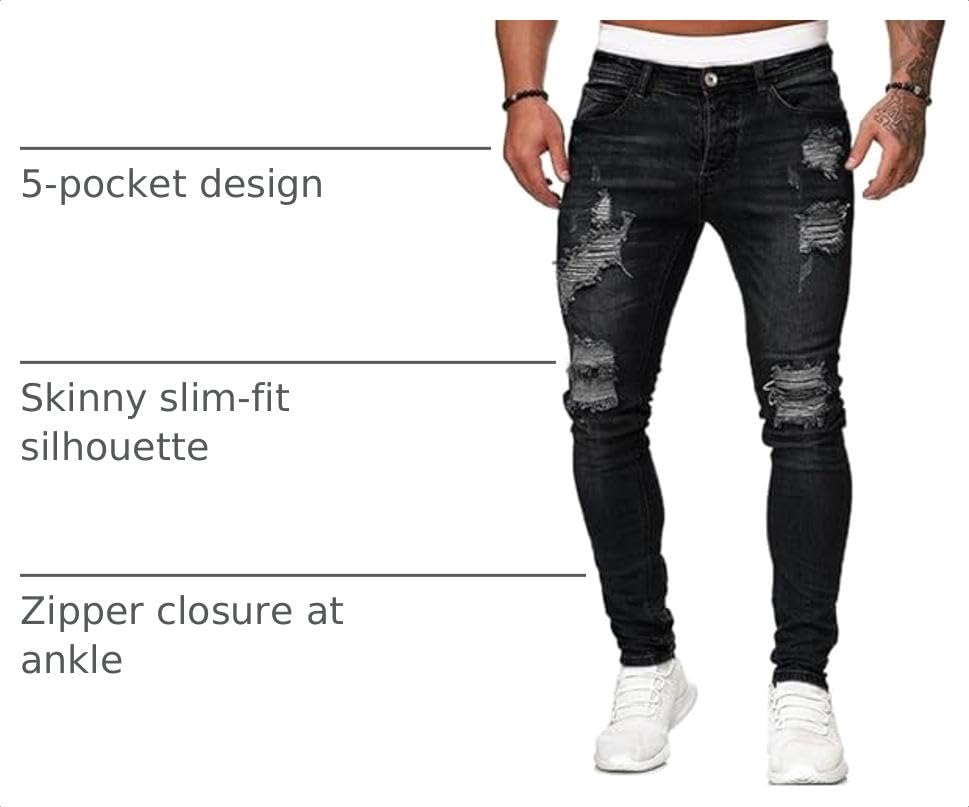 Image of HUNGSON Men's Blue Slim Fit Jeans Stretch Destroyed Ripped Skinny Jeans Side Striped Denim Pants