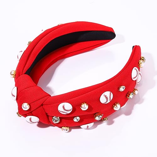 Baseball Headband for Women Crystal Pearl Knotted Headband Baseball Charms Rhinestone Beaded Embellished Hairband Wide Top Knot Game Day Hair Accessories Sports Fan Gifts (Red Baseball)