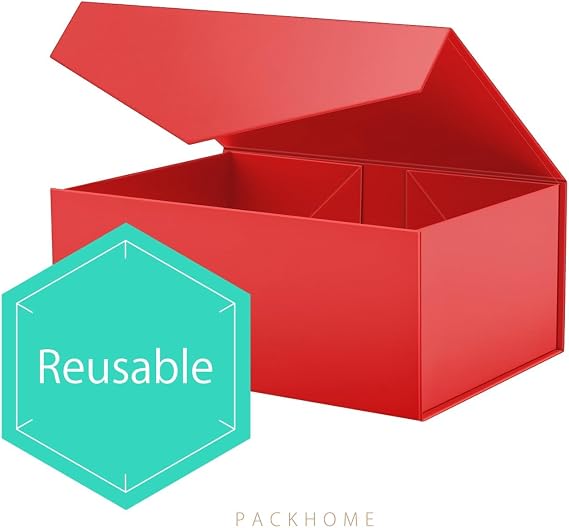 PACKHOME 7 Gift Boxes 9x6.5x3.8 Inches, Rectangle Collapsible Boxes with Magnetic Lids for Gift Packaging (Matte Red, Grain Texture)