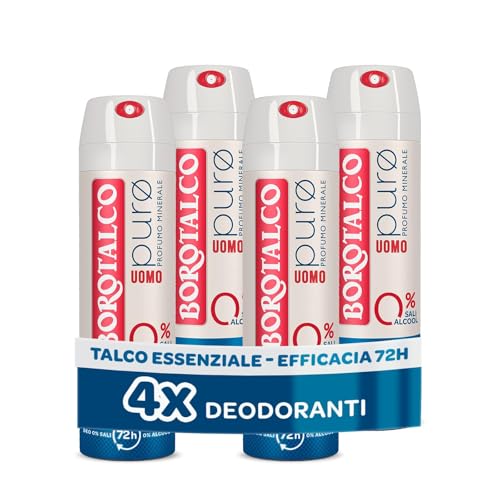 Borotalco, Deodorante Uomo Spray Puro, con Talco Essenziale, Formula Senza Alcool e Sali di Alluminio, Asciutto Anti-Odori, 72h di Efficacia, Profumo Minerale - 4 Flaconi da 150 ml
